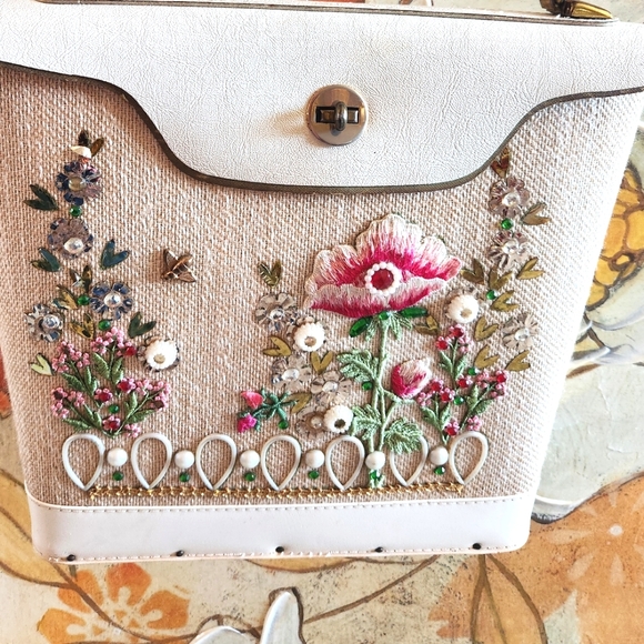 Vtg 60s EC Style Antique DIY Box Purse Bucket Embroidery Flowers Glitzy Handbag - Picture 6 of 16